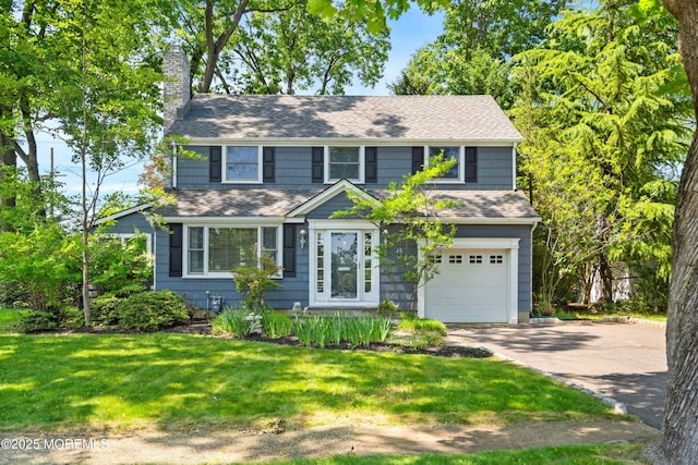 76 Ridge Rd, Fair Haven, NJ 07704 - colonial home featuring a garage, a chimney, concrete driveway, a shingled roof, and a front yard