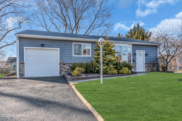 2 Hazlet Ave, Hazlet, NJ 07730 - ranch-style home featuring stone siding, a front yard, a garage, and driveway