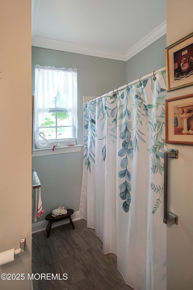 7 John Adams Ct, Whiting, NJ 08759 - full bath featuring ornamental molding, baseboards, and a shower with curtain