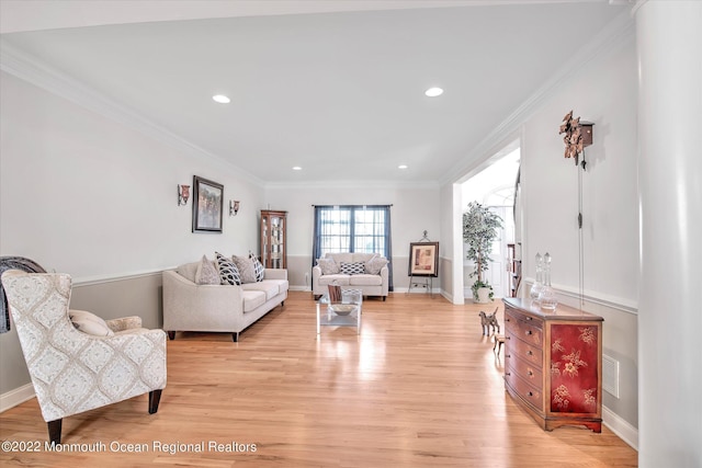11 Elkridge Way, Manalapan, NJ 07726 - living room featuring light wood-style floors, crown molding, recessed lighting, and baseboards