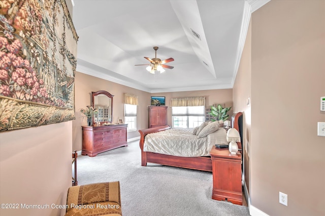 11 Elkridge Way, Manalapan, NJ 07726 - carpeted bedroom with a tray ceiling, ornamental molding, baseboards, and ceiling fan