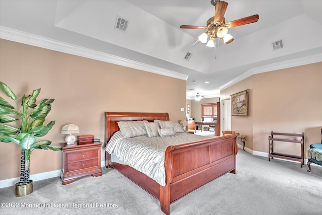 11 Elkridge Way, Manalapan, NJ 07726 - carpeted bedroom featuring crown molding, baseboards, a raised ceiling, and a ceiling fan
