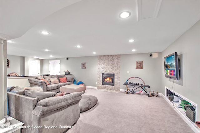 11 Elkridge Way, Manalapan, NJ 07726 - carpeted living room with recessed lighting, a fireplace, and baseboards