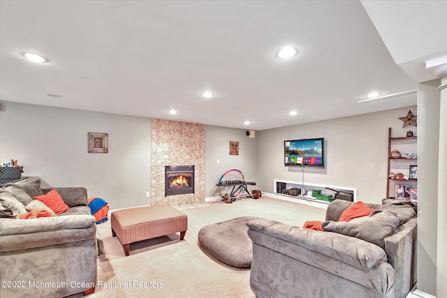 11 Elkridge Way, Manalapan, NJ 07726 - carpeted living room with recessed lighting, a fireplace, and baseboards