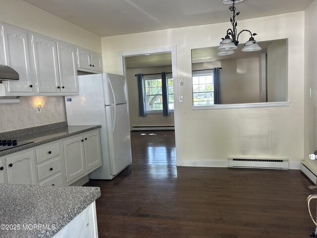 246B Jefferson Ct, Lakewood, NJ 08701 - kitchen with baseboard heating, freestanding refrigerator, dark wood-style floors, and white cabinets