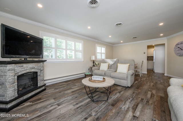 1A Winthrop Pl Unit 55, Whiting, NJ 08759 - living room with a baseboard heating unit, wood finished floors, crown molding, recessed lighting, and baseboards