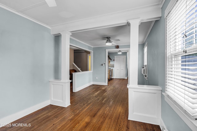 742 Leroy Pl, Lake Como, NJ 07719 - unfurnished room featuring a ceiling fan, hardwood / wood-style floors, decorative columns, ornamental molding, and baseboards