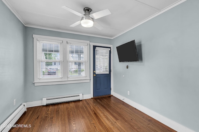 742 Leroy Pl, Lake Como, NJ 07719 - foyer with a baseboard radiator, a baseboard heating unit, wood finished floors, baseboards, and crown molding