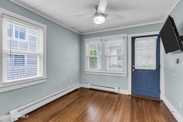 742 Leroy Pl, Lake Como, NJ 07719 - entryway with a baseboard radiator, dark wood finished floors, ceiling fan, baseboards, and ornamental molding