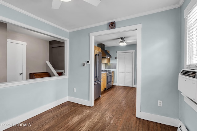 742 Leroy Pl, Lake Como, NJ 07719 - kitchen with a ceiling fan, stainless steel appliances, baseboards, dark wood-style floors, and crown molding