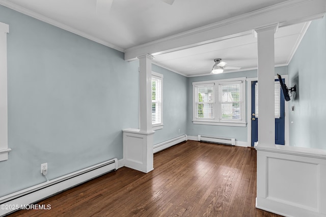 742 Leroy Pl, Lake Como, NJ 07719 - unfurnished room featuring baseboard heating, decorative columns, a ceiling fan, and crown molding
