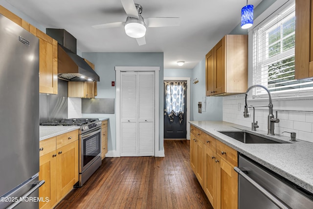 742 Leroy Pl, Lake Como, NJ 07719 - kitchen featuring stainless steel appliances, a sink, wall chimney exhaust hood, ceiling fan, and decorative backsplash