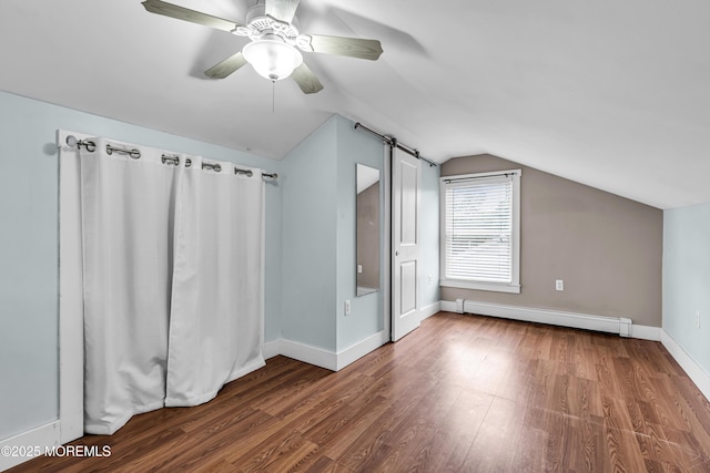 742 Leroy Pl, Lake Como, NJ 07719 - additional living space with a baseboard heating unit, lofted ceiling, a barn door, wood finished floors, and a ceiling fan