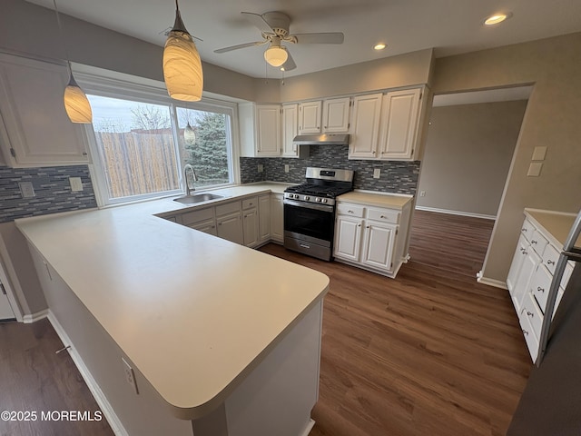 35 Deer Dr S, Barnegat, NJ 08005 - kitchen featuring stainless steel gas range, a sink, ceiling fan, light countertops, and tasteful backsplash