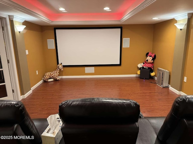 36 Graversham Dr, Marlboro, NJ 07746 - cinema with wood finished floors, a tray ceiling, baseboards, recessed lighting, and ornate columns
