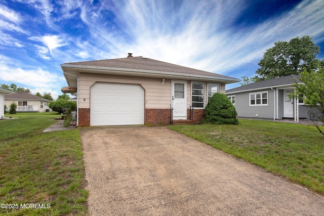 343 Barbados Dr N, Toms River, NJ 08757 - view of front of property featuring brick siding, an attached garage, driveway, a front yard, and a chimney