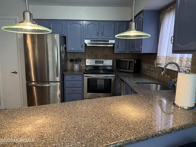 15 Tudor Ct, Brick, NJ 08723 - kitchen with appliances with stainless steel finishes, under cabinet range hood, a sink, and blue cabinetry