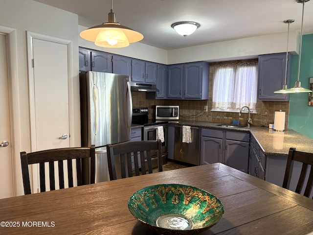 15 Tudor Ct, Brick, NJ 08723 - kitchen featuring a sink, stainless steel appliances, backsplash, under cabinet range hood, and decorative light fixtures
