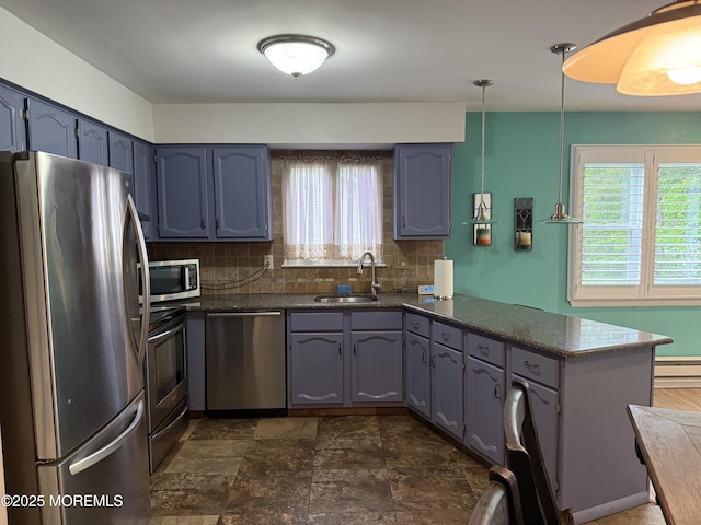 15 Tudor Ct, Brick, NJ 08723 - kitchen with stainless steel appliances, a peninsula, a sink, decorative backsplash, and a baseboard radiator