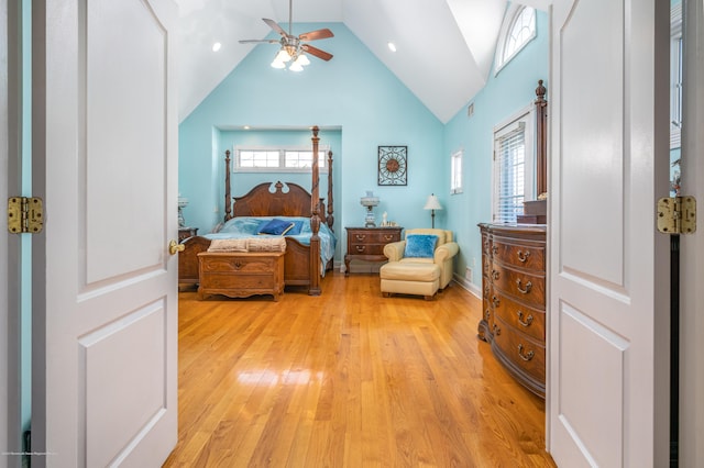 834 Leeward Dr, Forked River, NJ 08731 - bedroom featuring light wood-style flooring, high vaulted ceiling, and ceiling fan