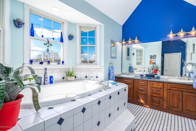 834 Leeward Dr, Forked River, NJ 08731 - bathroom with lofted ceiling, double vanity, and a tub with jets