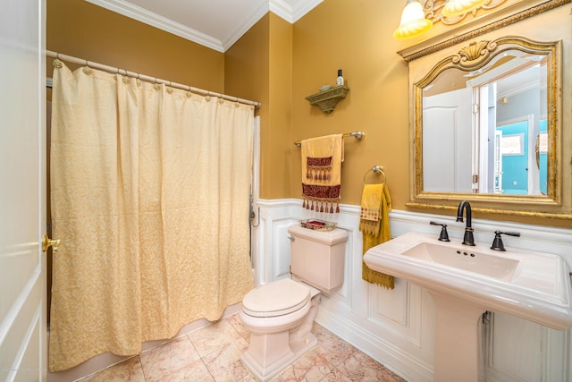 834 Leeward Dr, Forked River, NJ 08731 - full bath with ornamental molding, toilet, a wainscoted wall, curtained shower, and a decorative wall