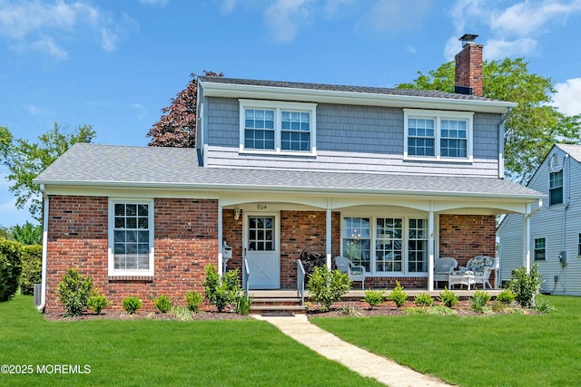 604 N Blvd, Lake Como, NJ 07719 - view of front facade featuring a chimney, a front yard, a porch, and brick siding