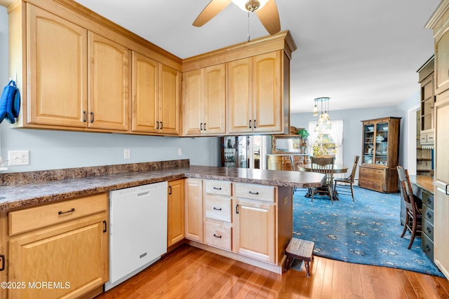 604 N Blvd, Lake Como, NJ 07719 - kitchen with white dishwasher, light brown cabinetry, a peninsula, hardwood / wood-style flooring, and a ceiling fan