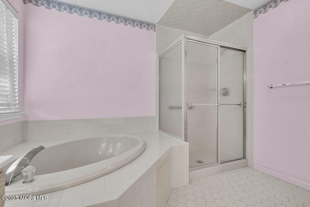 3167 Wood Spring Ln, Toms River, NJ 08755 - bathroom with a shower stall, a bath, and tile patterned flooring