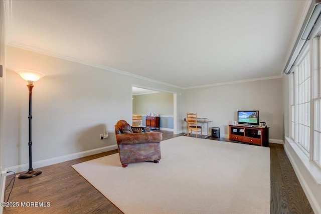 18 Vaughn Dr, Middletown, NJ 07748 - living area featuring dark wood-style floors, baseboards, and ornamental molding