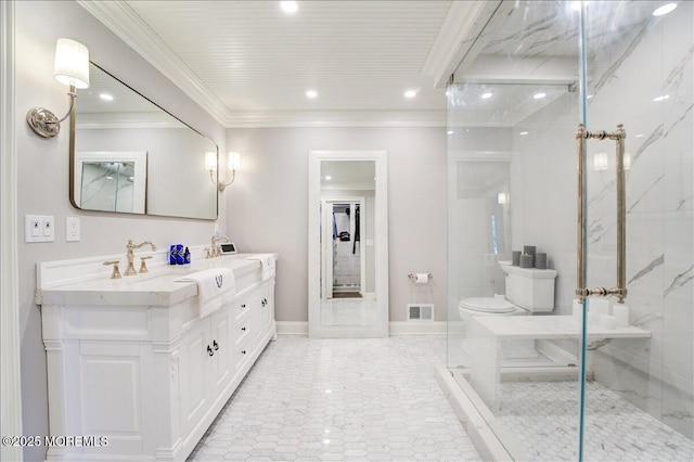 21 Northwoods Rd, Ocean Twp, NJ 07712 - full bath featuring crown molding, double vanity, a marble finish shower, toilet, and recessed lighting