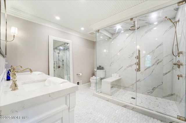 21 Northwoods Rd, Ocean Twp, NJ 07712 - bathroom with crown molding, a marble finish shower, vanity, toilet, and baseboards