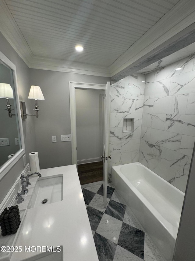 21 Northwoods Rd, Ocean Twp, NJ 07712 - bathroom featuring ornamental molding, vanity, marble look tiles, and shower / bathtub combination