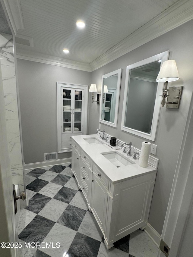21 Northwoods Rd, Ocean Twp, NJ 07712 - full bathroom with double vanity, crown molding, baseboards, and recessed lighting