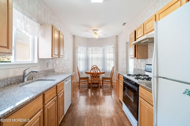 73 Summerhill Dr, Manahawkin, NJ 08050 - kitchen featuring white appliances, a sink, under cabinet range hood, dark wood-style flooring, and ceiling fan