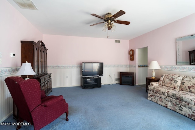73 Summerhill Dr, Manahawkin, NJ 08050 - living room with ceiling fan, a wainscoted wall, and carpet flooring