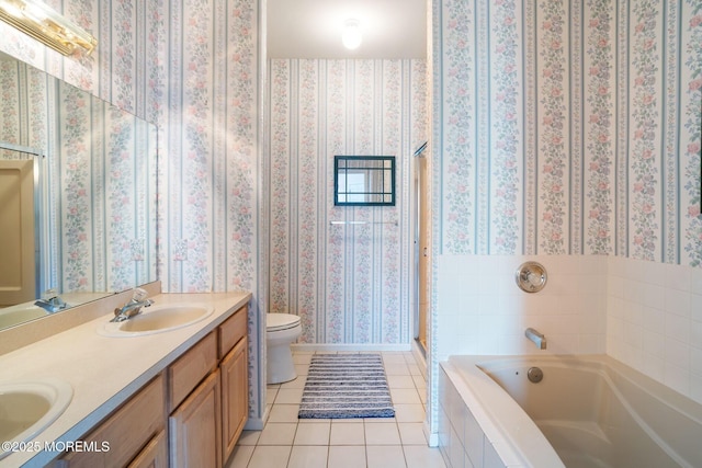 73 Summerhill Dr, Manahawkin, NJ 08050 - bathroom featuring tile patterned floors, double vanity, a garden tub, toilet, and a stall shower