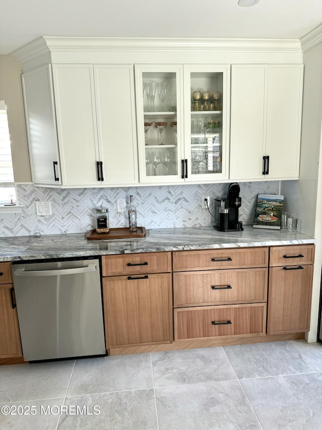 2560 Haverhill Ct, Toms River, NJ 08755 - kitchen with stainless steel dishwasher, backsplash, light stone counters, and ornamental molding