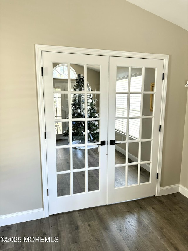 2560 Haverhill Ct, Toms River, NJ 08755 - doorway to outside featuring french doors, wood finished floors, baseboards, and vaulted ceiling