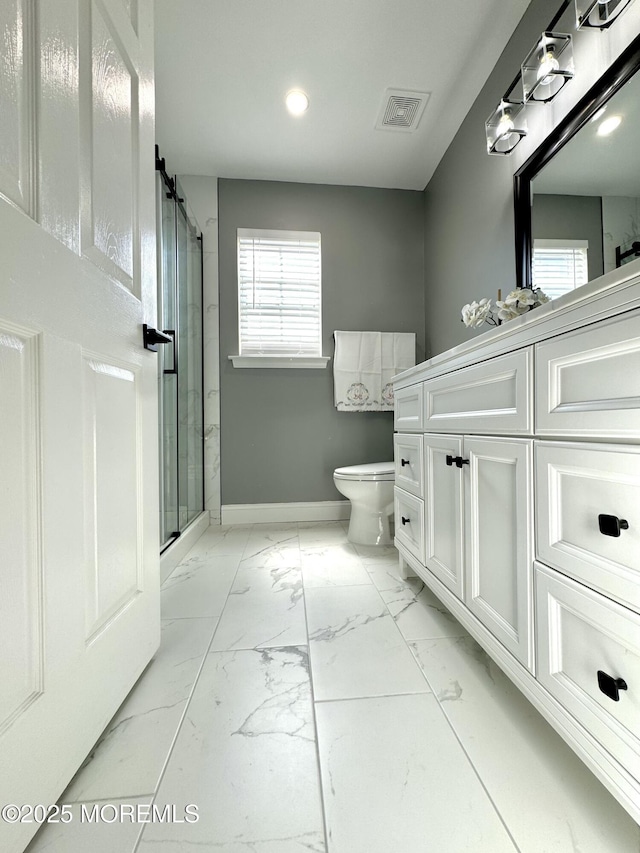 2560 Haverhill Ct, Toms River, NJ 08755 - full bathroom featuring marble look tiles, vanity, baseboards, a shower stall, and recessed lighting