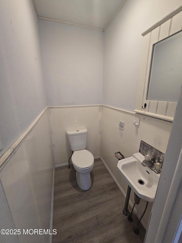1305 Squirrel Rd, Wall, NJ 07719 - bathroom featuring toilet, wood finished floors, a sink, and a wainscoted wall
