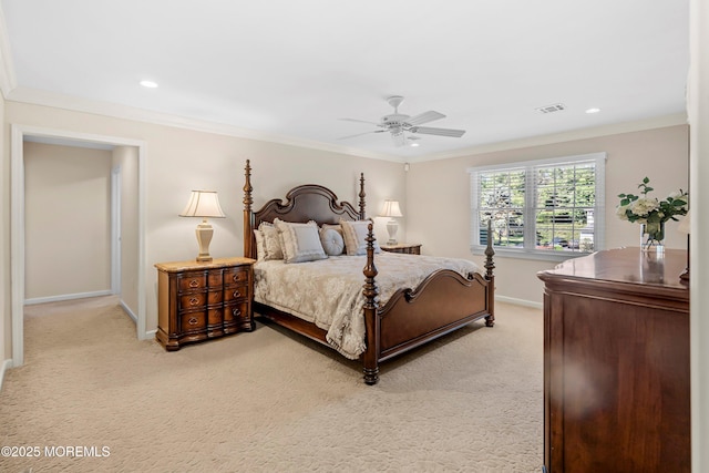 10 Woods Rd, West Long Branch, NJ 07764 - bedroom featuring light carpet, baseboards, ornamental molding, a ceiling fan, and recessed lighting