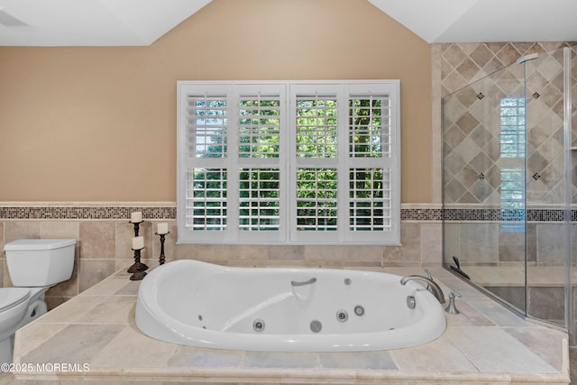10 Woods Rd, West Long Branch, NJ 07764 - bathroom featuring a whirlpool tub, lofted ceiling, a stall shower, toilet, and tile walls
