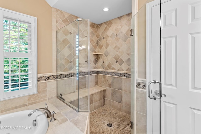 10 Woods Rd, West Long Branch, NJ 07764 - bathroom featuring a shower stall, a bath, and recessed lighting