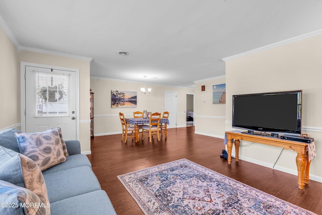8 Brakenbury Ct, Toms River, NJ 08757 - living room with a chandelier, crown molding, wood finished floors, and baseboards