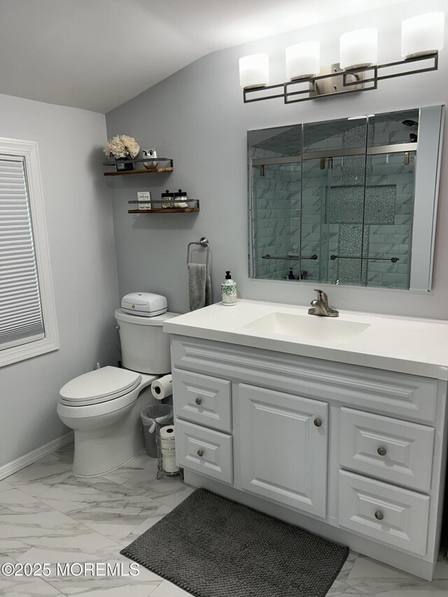 11 Jupiter Ct, South Amboy, NJ 08879 - bathroom with marble look tile flooring, vanity, a stall shower, toilet, and baseboards