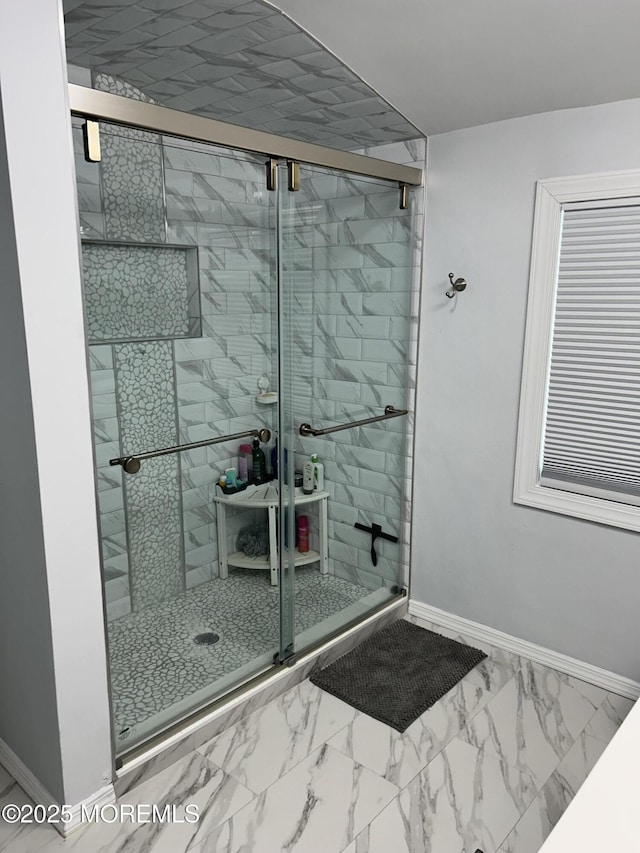 11 Jupiter Ct, South Amboy, NJ 08879 - bathroom featuring baseboards, a stall shower, and marble finish floors
