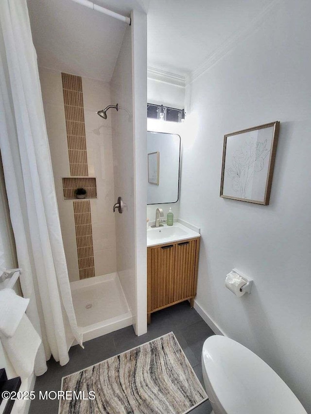 8 Rio Ct, Toms River, NJ 08757 - full bath with tile patterned flooring, toilet, a shower stall, vanity, and ornamental molding