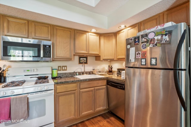 340 E Lacey Rd Unit 40, Forked River, NJ 08731 - kitchen featuring appliances with stainless steel finishes, a sink, wood finished floors, and dark countertops