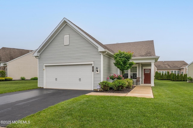 39 Addlestone Ln, Manchester, NJ 08759 - view of front of home featuring driveway, a garage, a front yard, a shingled roof, and a porch